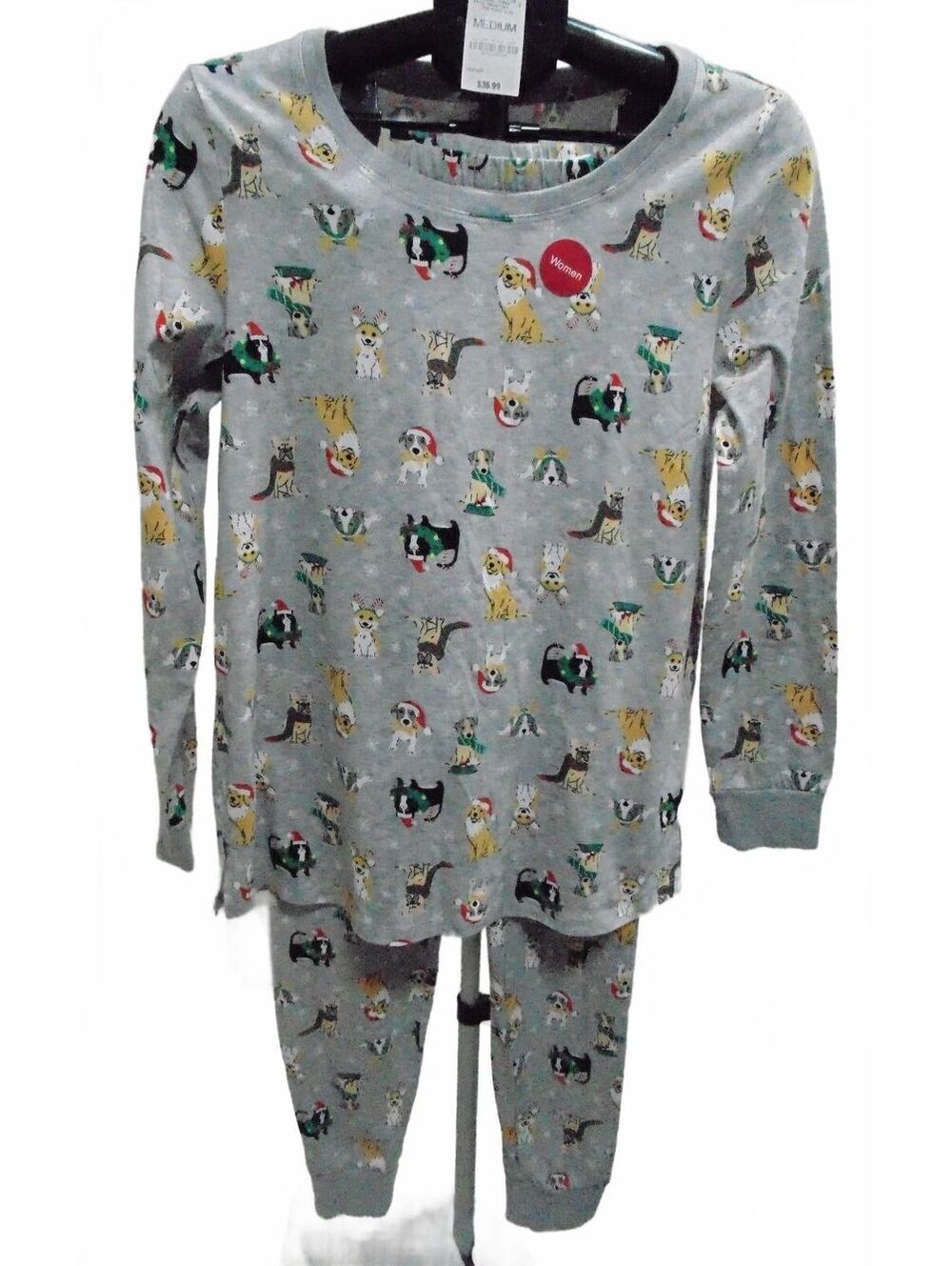 Family PJs Macys Pajama Set Womens M Gray Christmas Dogs Corgi Shirt Pant NWT